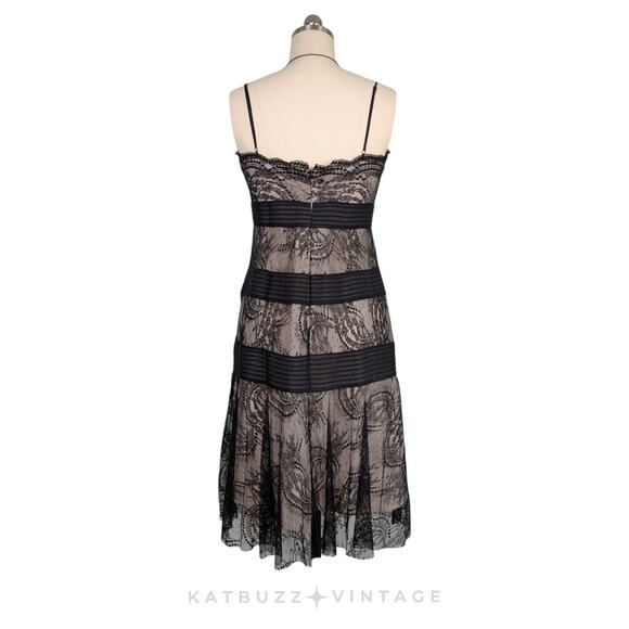 Bcbg Lace Silk Midi Dress 10 Black Tan Y2K Silk Babydoll Illusion Guest Cocktail - Picture 4 of 14